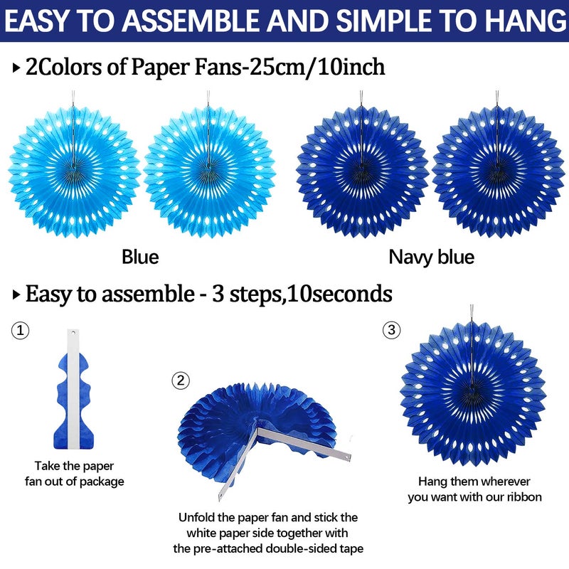 Marwey 23Pcs Blue Birthday Party Decorations for Boys Men Navy Royal Light Blue Honeycomb Ball, Hanging Paper Fans, Pom Poms, Baby Shower Decorations Boy, Party Supplies 16th 18th 21th 30th 40th 50th - Image 3